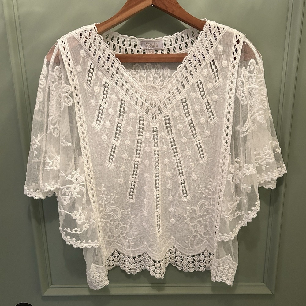 Womens Size S/M White Floral Sheer Lace Butterfly Sleeve Crochet Top  Boho Fairy